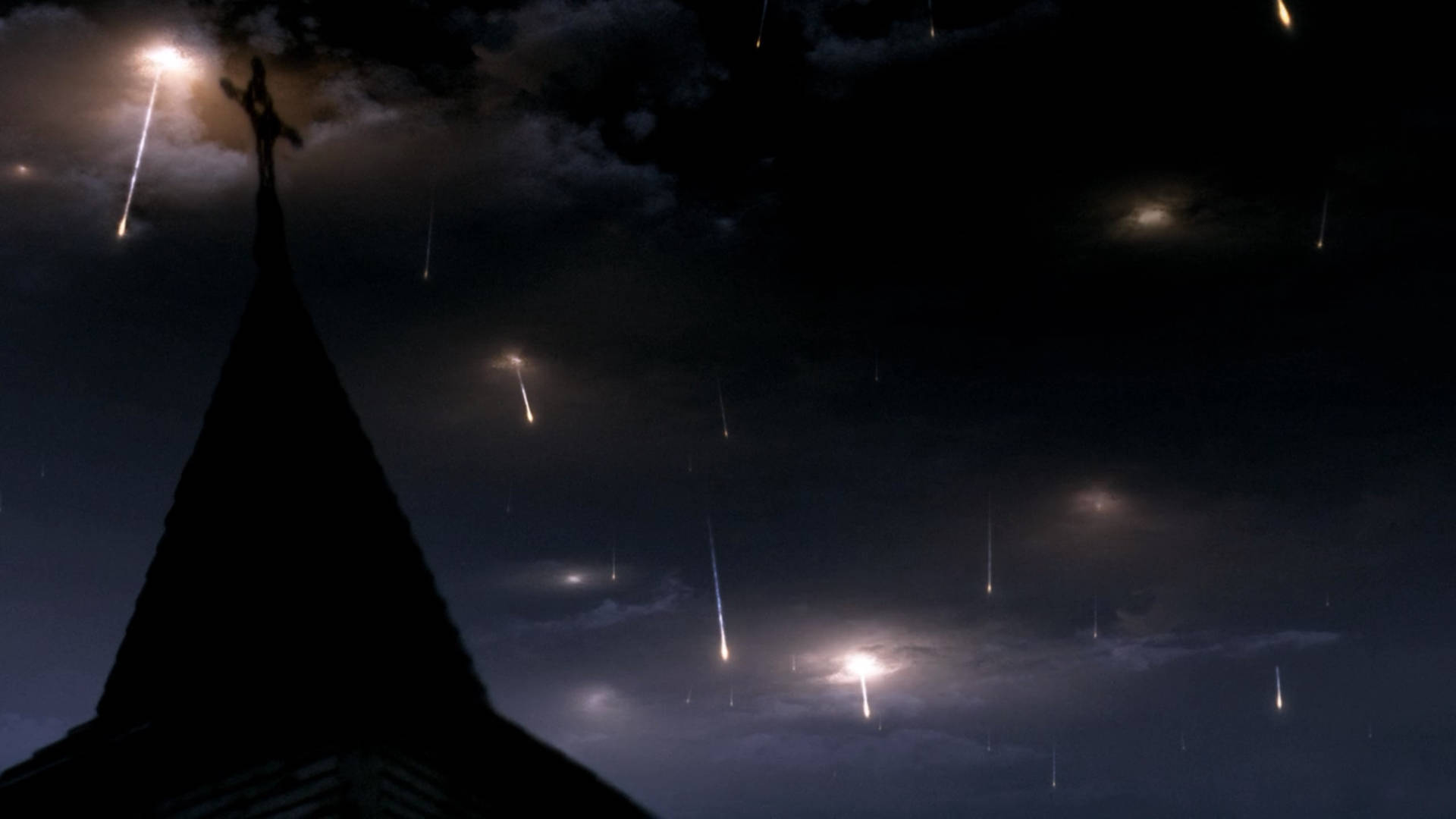 Supernatural Church Roof And Meteors Background