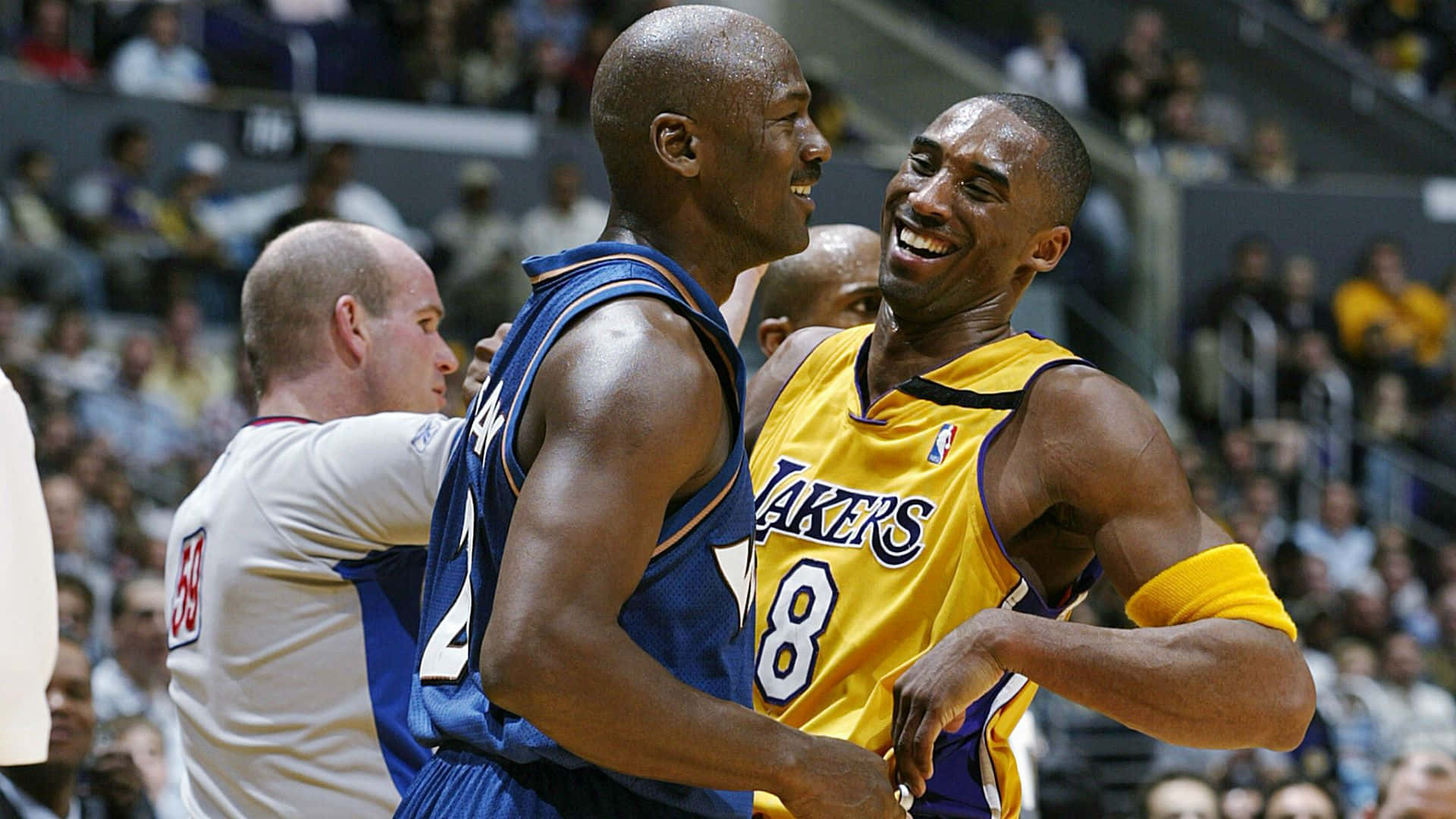Superstar Athletes Kobe Bryant And Michael Jordan Laughing Photograph Background