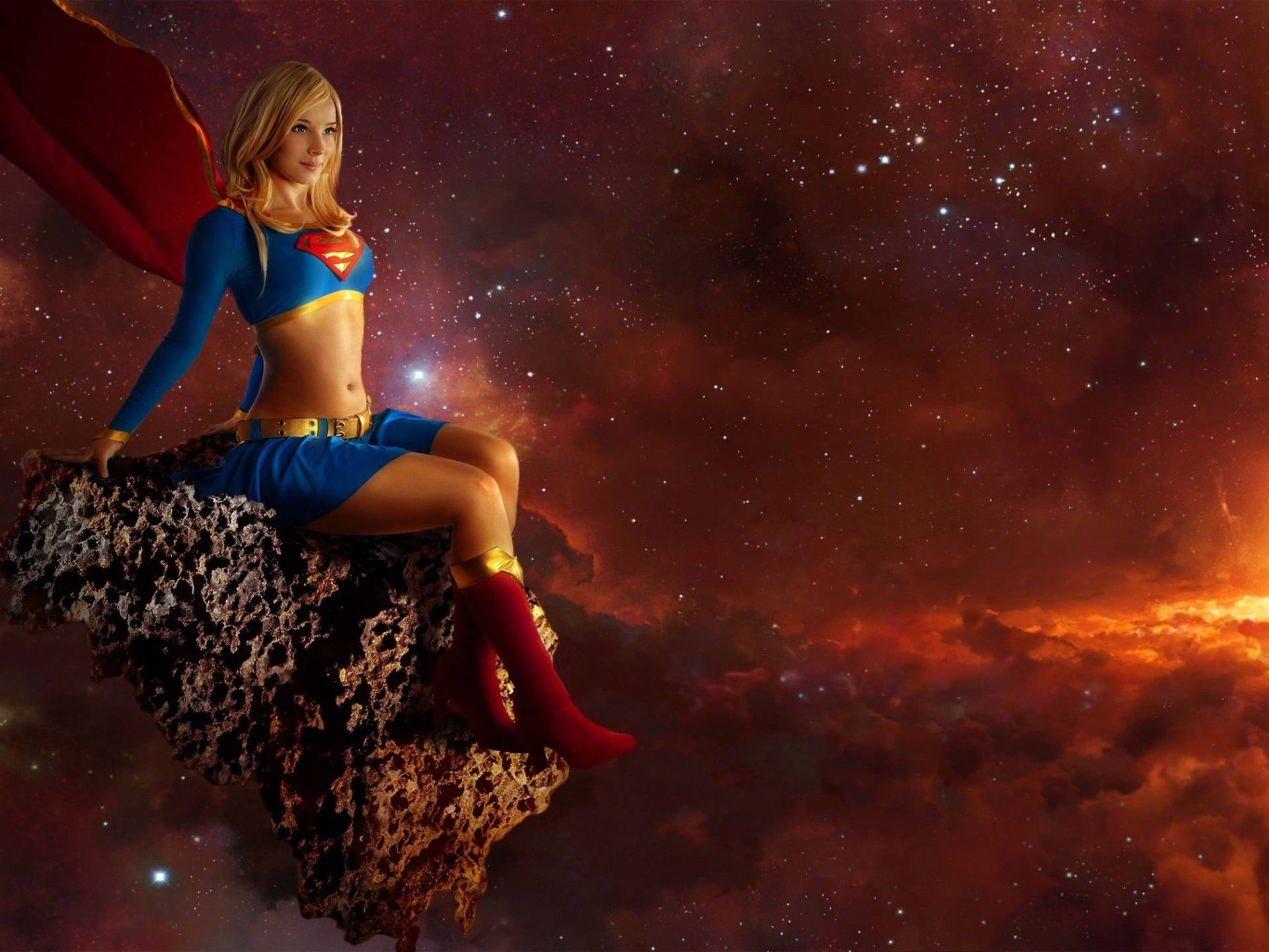 Superwoman Sitting On Rock Background