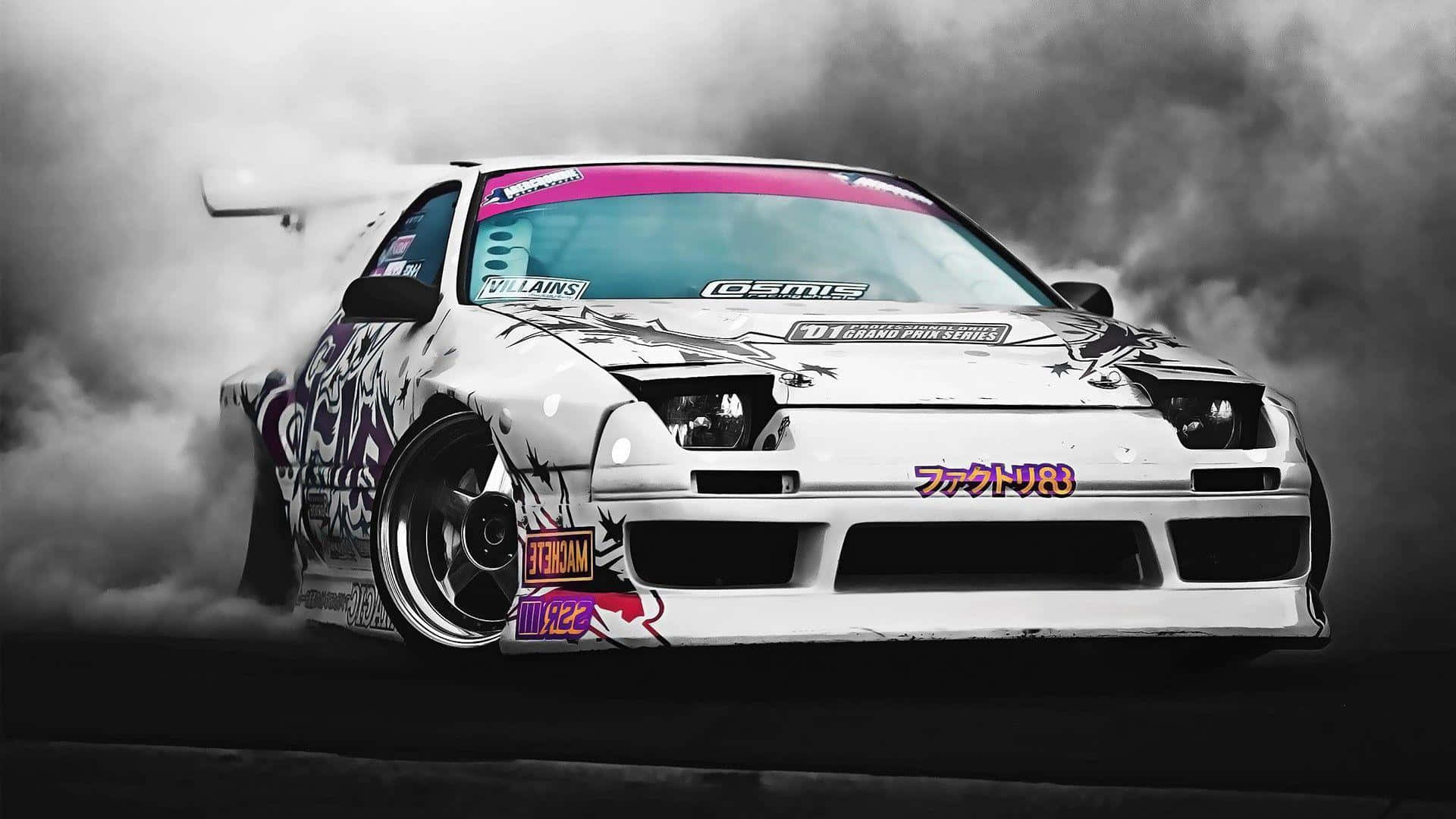 Supra Drift White Car Gray Background