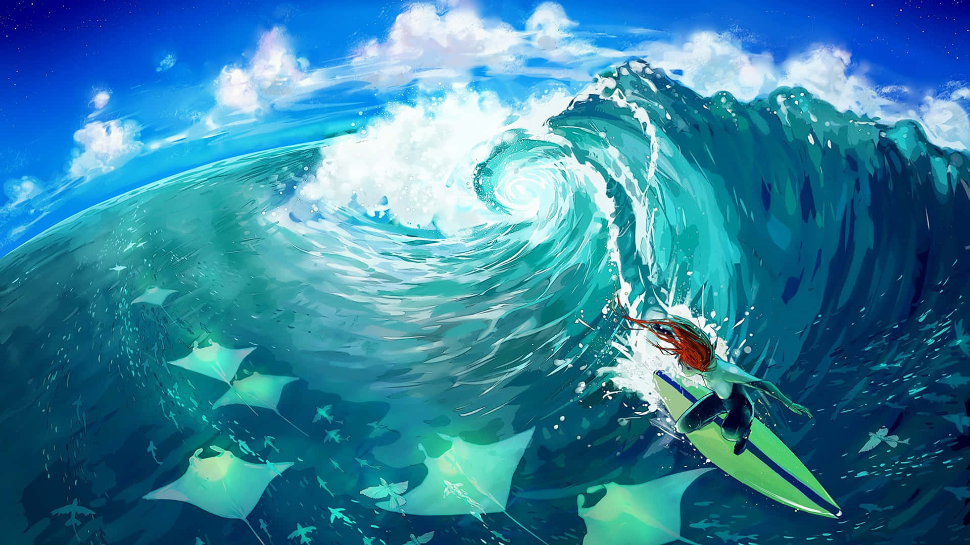 Surfer Amidst Majestic Wave Background