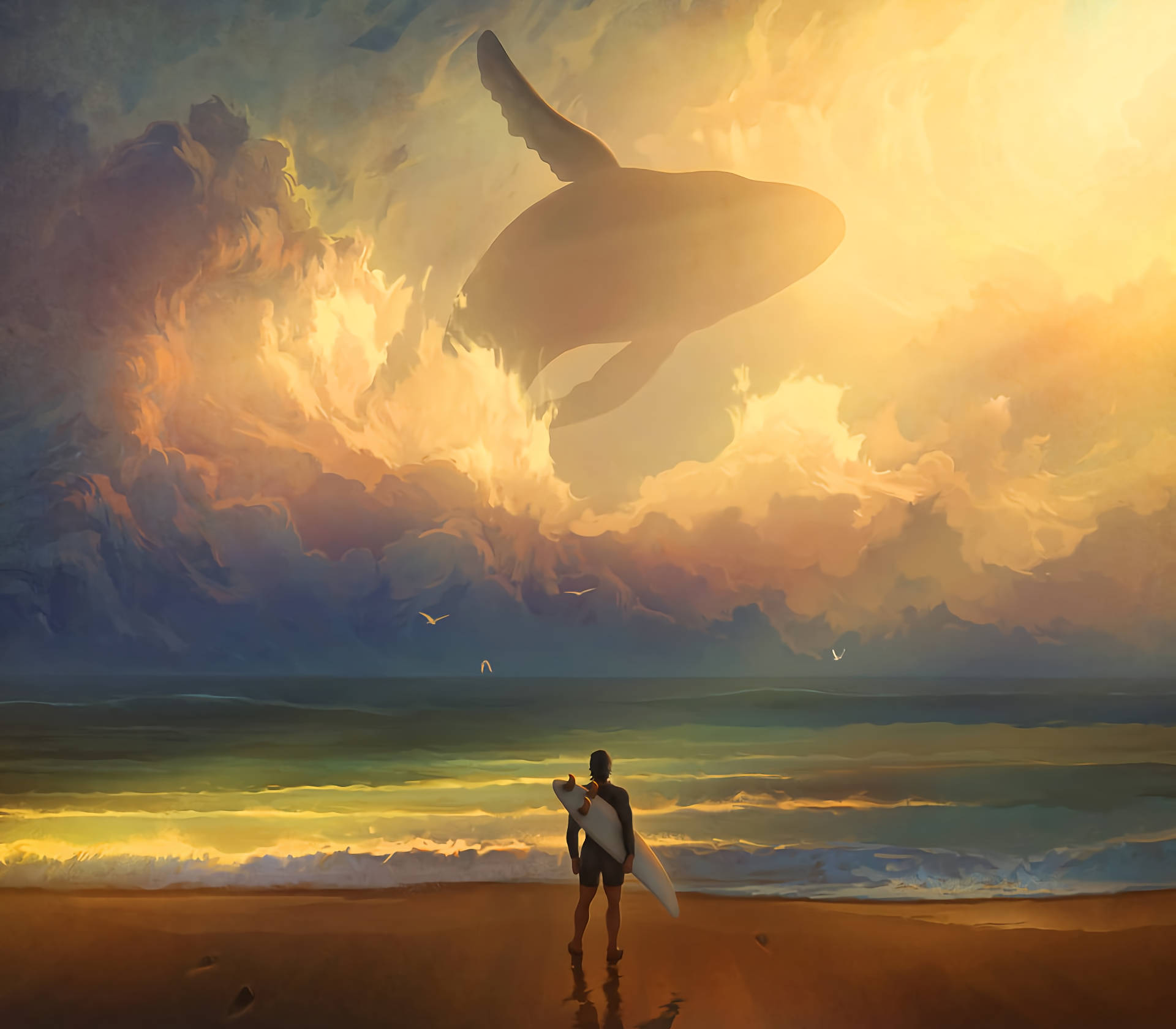 Surfer Watching Flying Whale Background