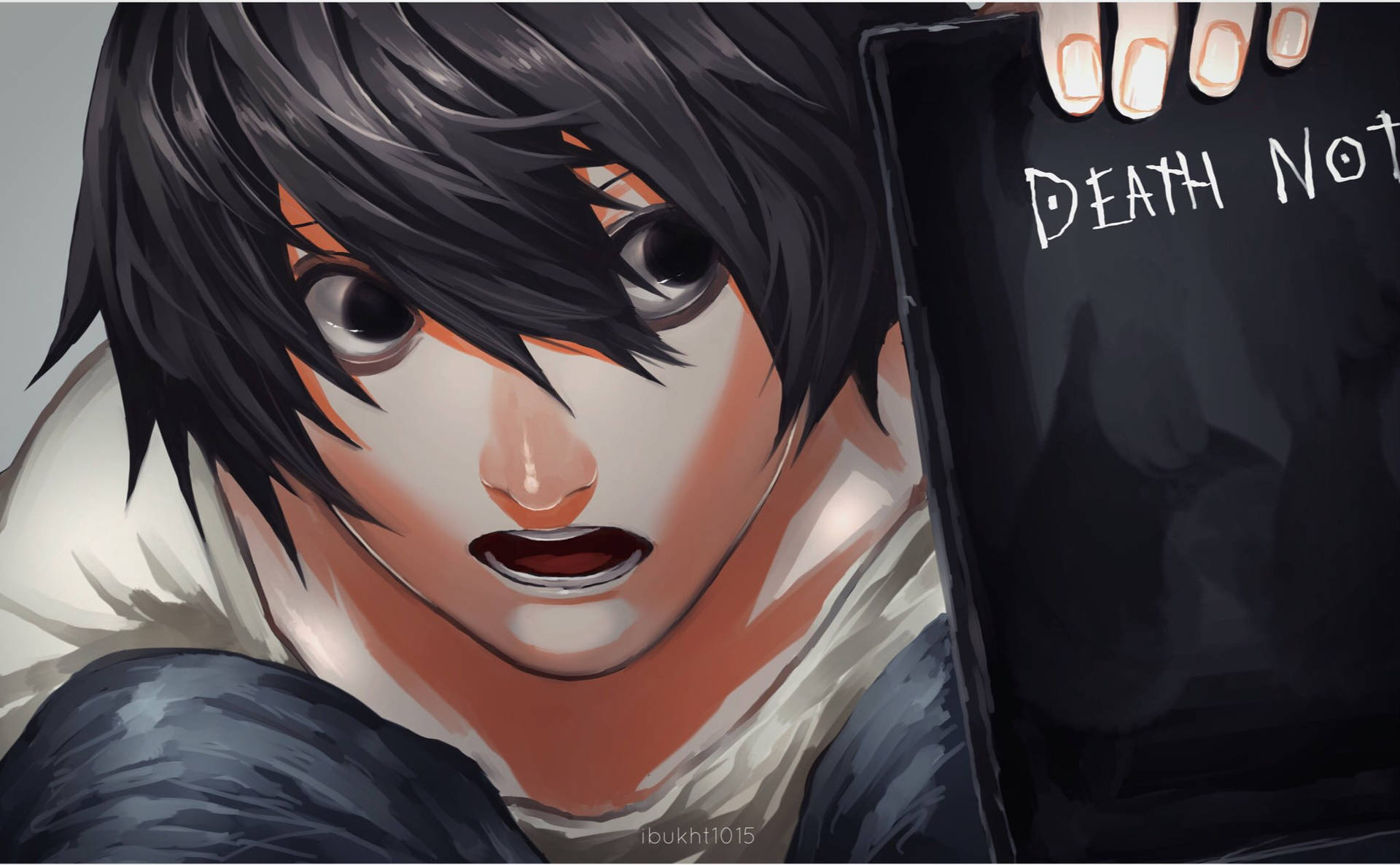 Surprised L Lawliet Holding Death Note Background