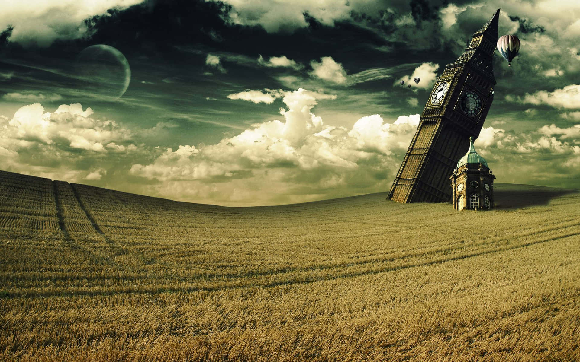 Surreal Art Big Ben Buried On A Field Background