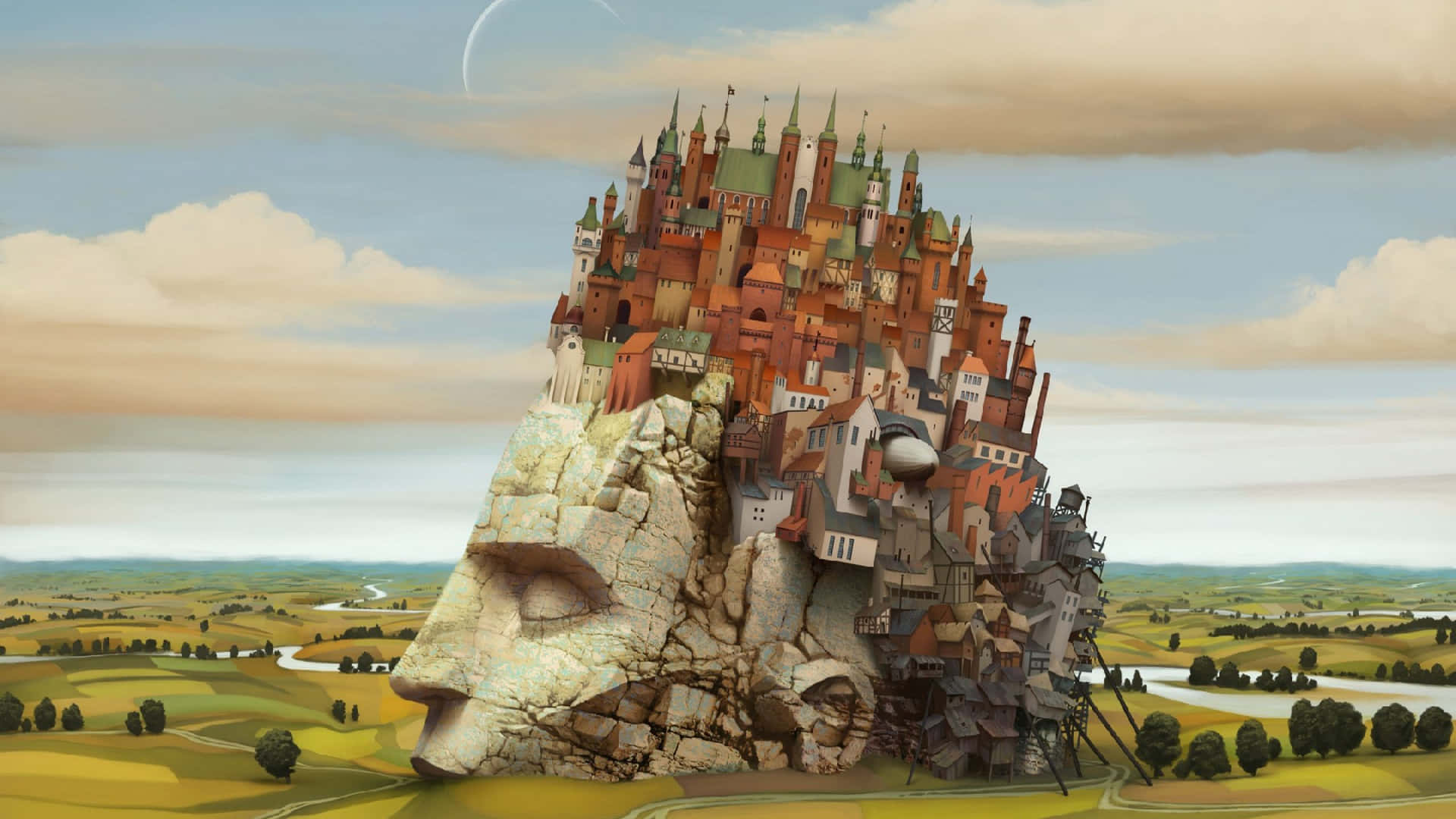 Surreal Art Castle On A Man's Head Background