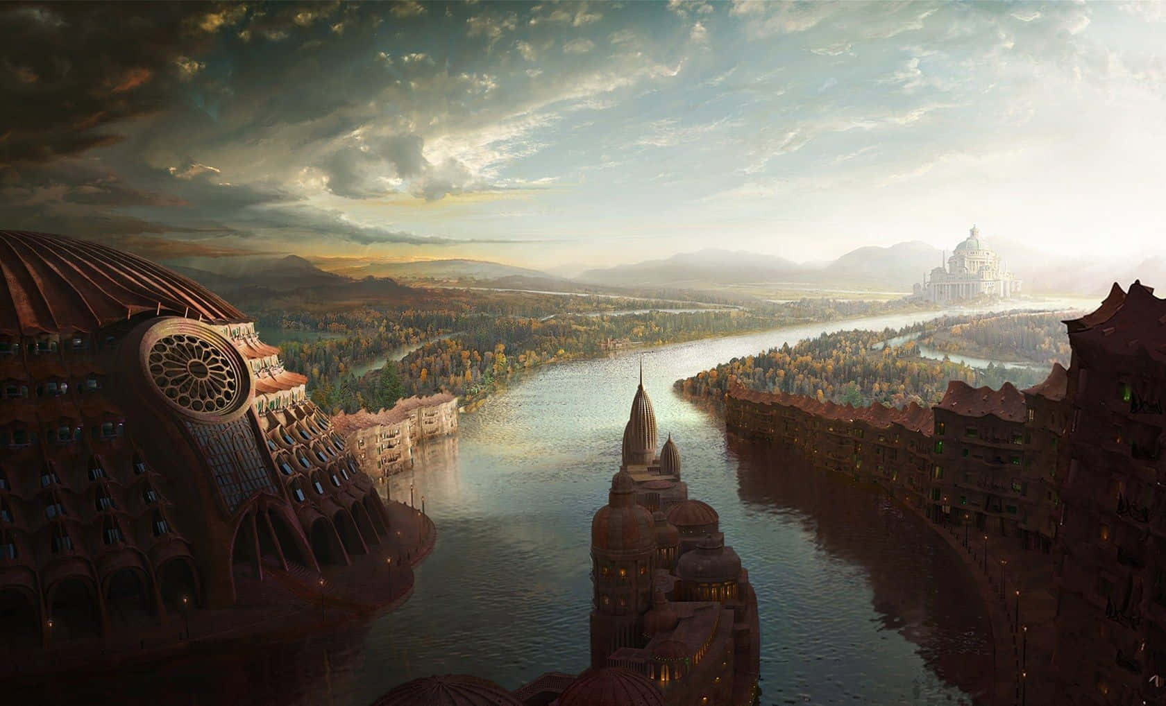 Surreal Art Fantasy River With City View Background