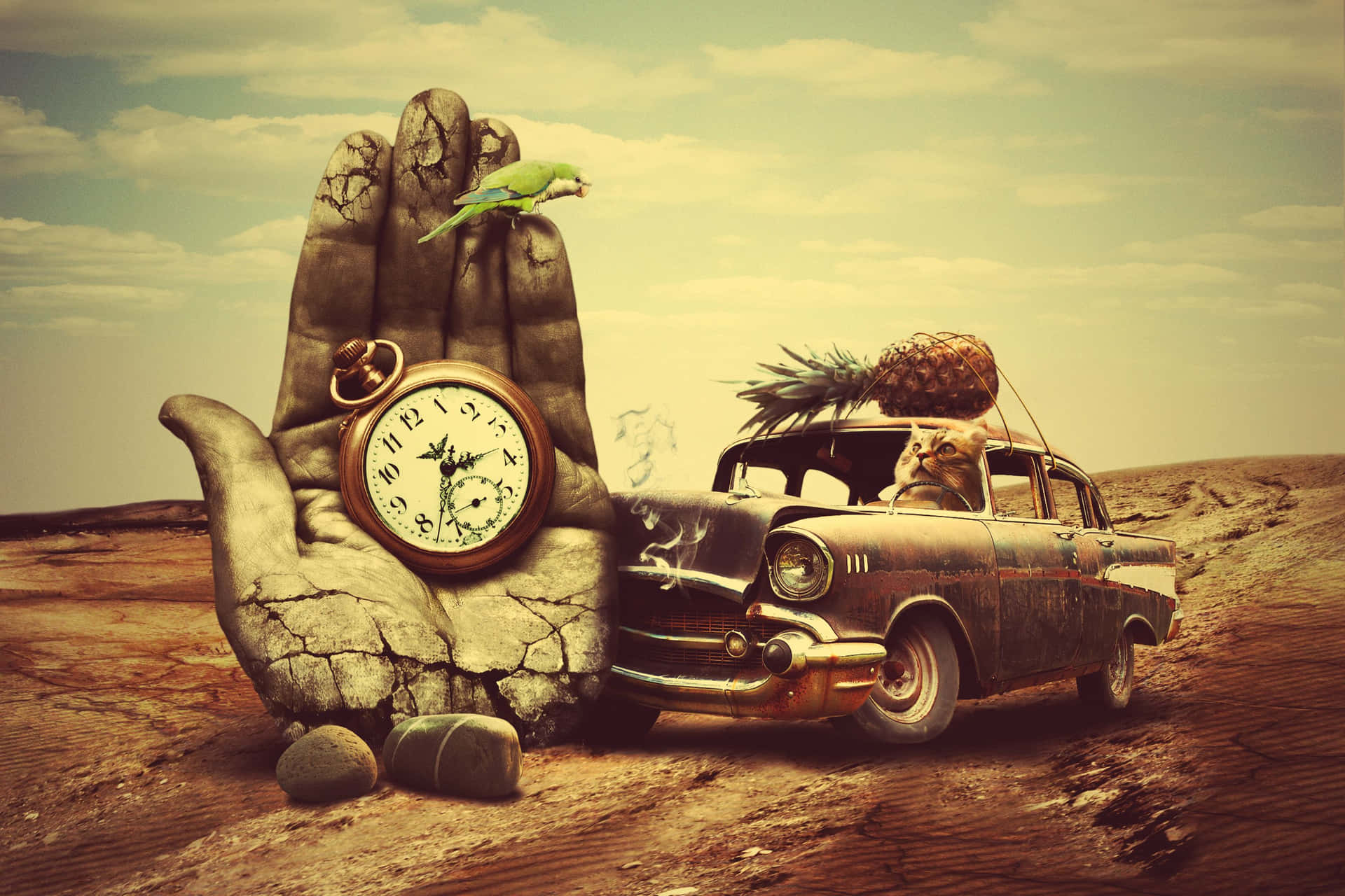 Surreal Art Vintage Car And Pocket Watch Background