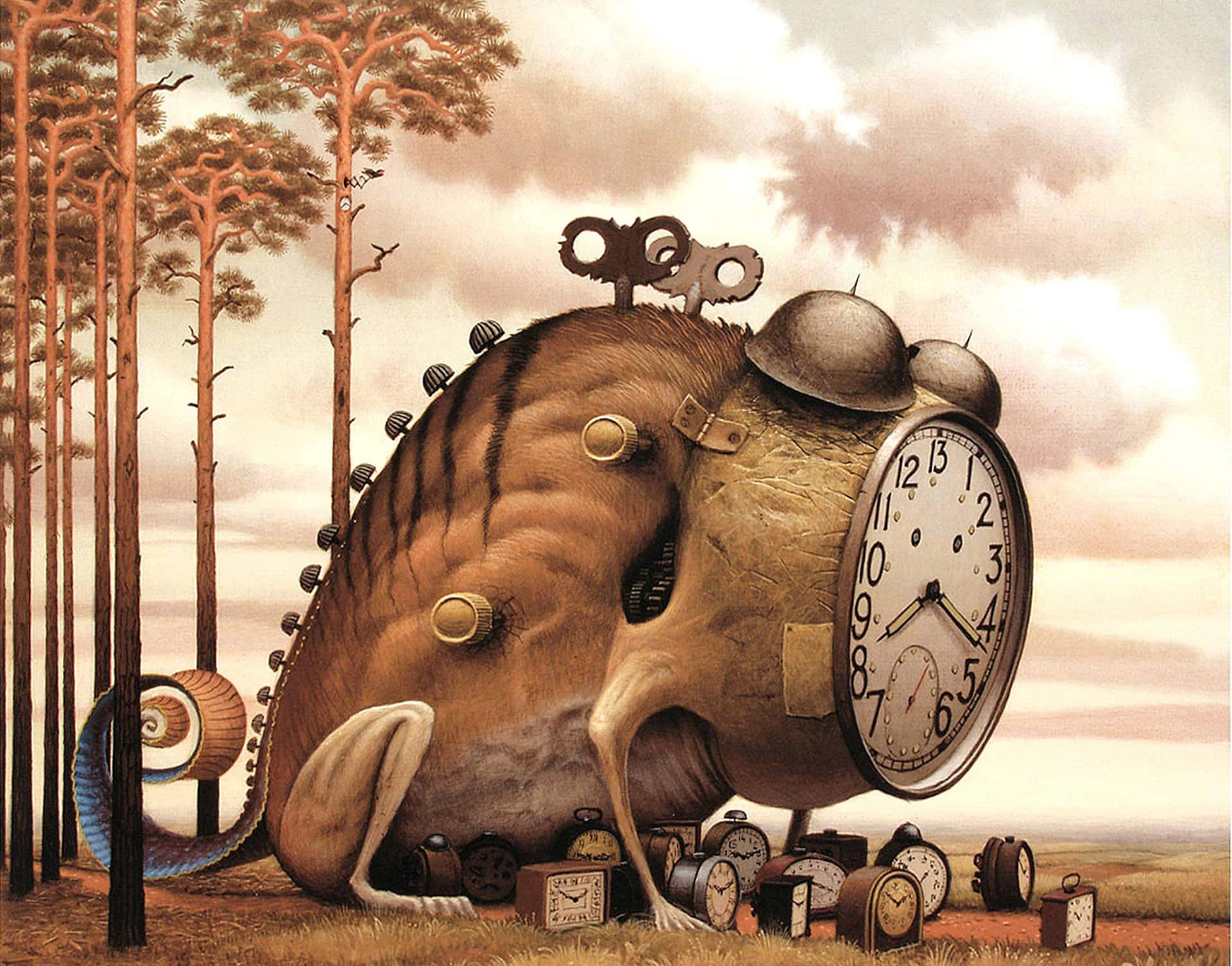 Surreal_ Mechanical_ Elephant_ Clock_ Forest Background