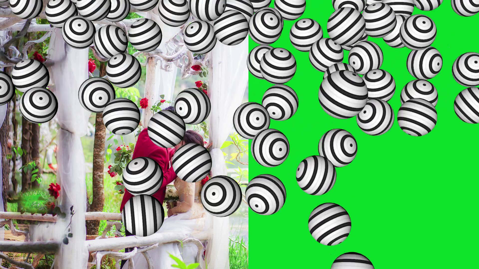 Surreal Wedding Framewith Striped Spheres Background