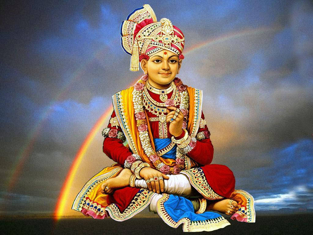 Swaminarayan Sitting With Cloudy Sky