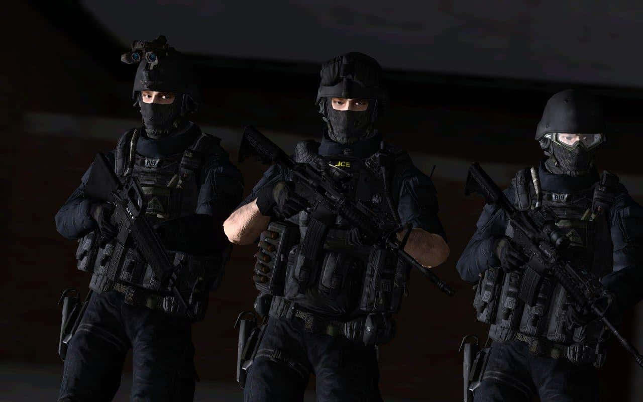 Swat Team In Action Under Midnight Sky Background