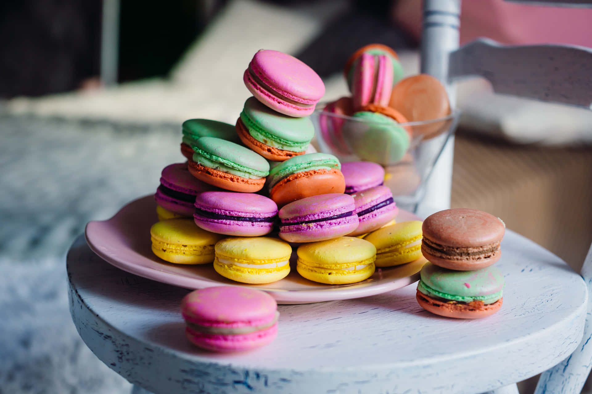 Sweet Macaron On A Tray Background