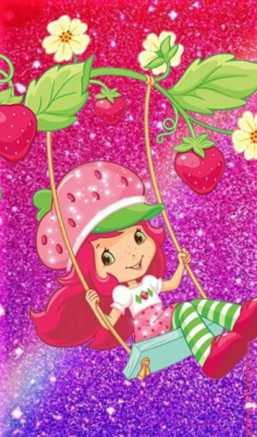 Swinging Strawberry Shortcake On Purple Glitter Background