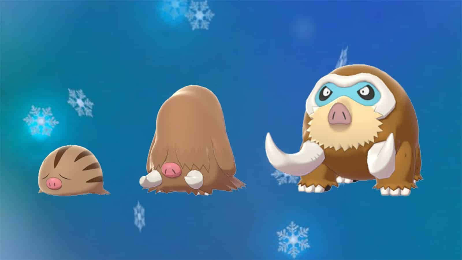 Swinub, Piloswine, And Mamoswine With Blue Frosty Backdrop Background