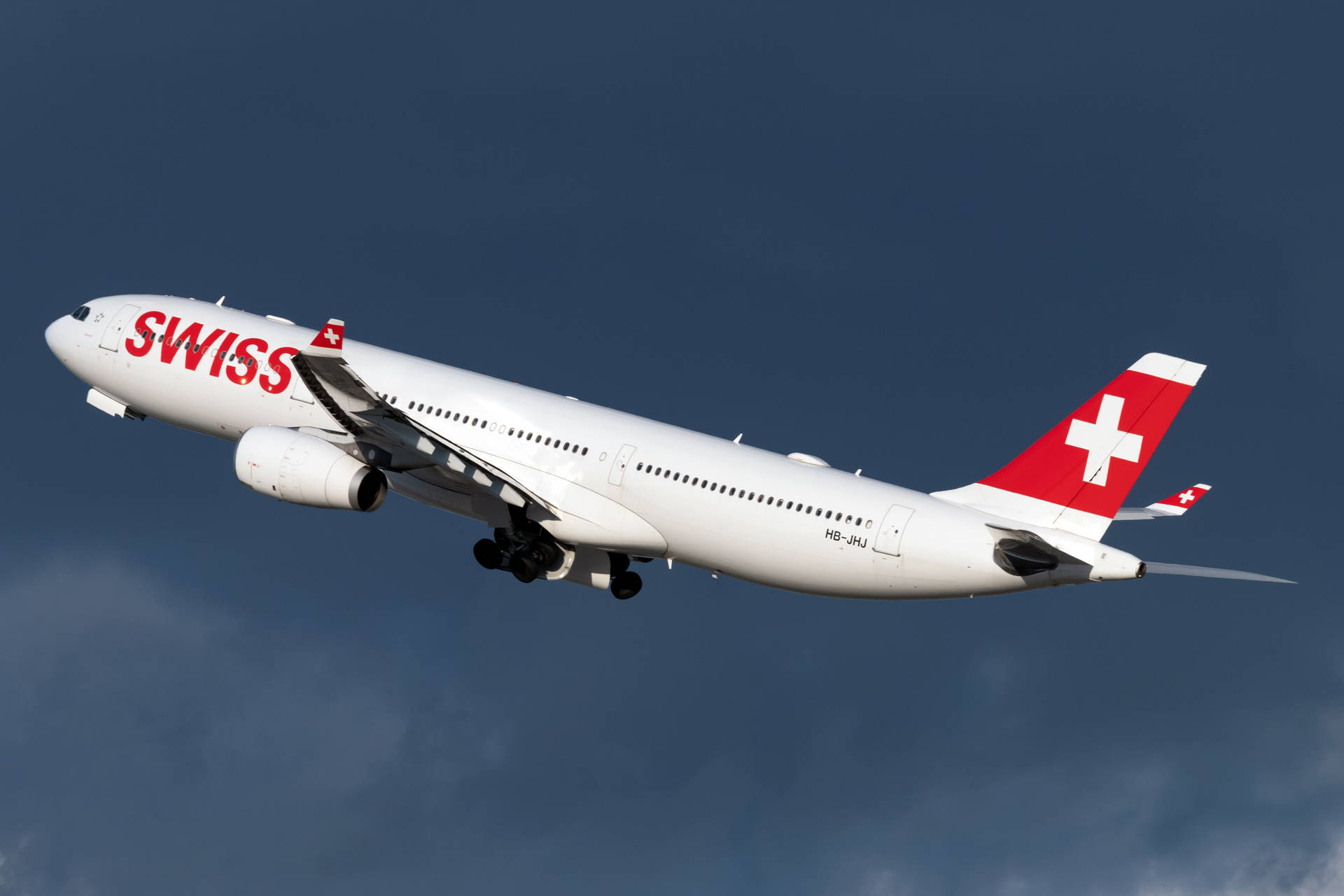 Swiss Airlines Plane Under The Dark Blue Sky Background