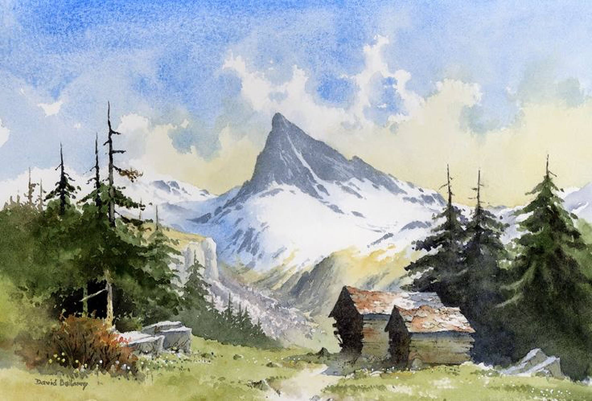Swiss Alps Pine Trees Painting Background