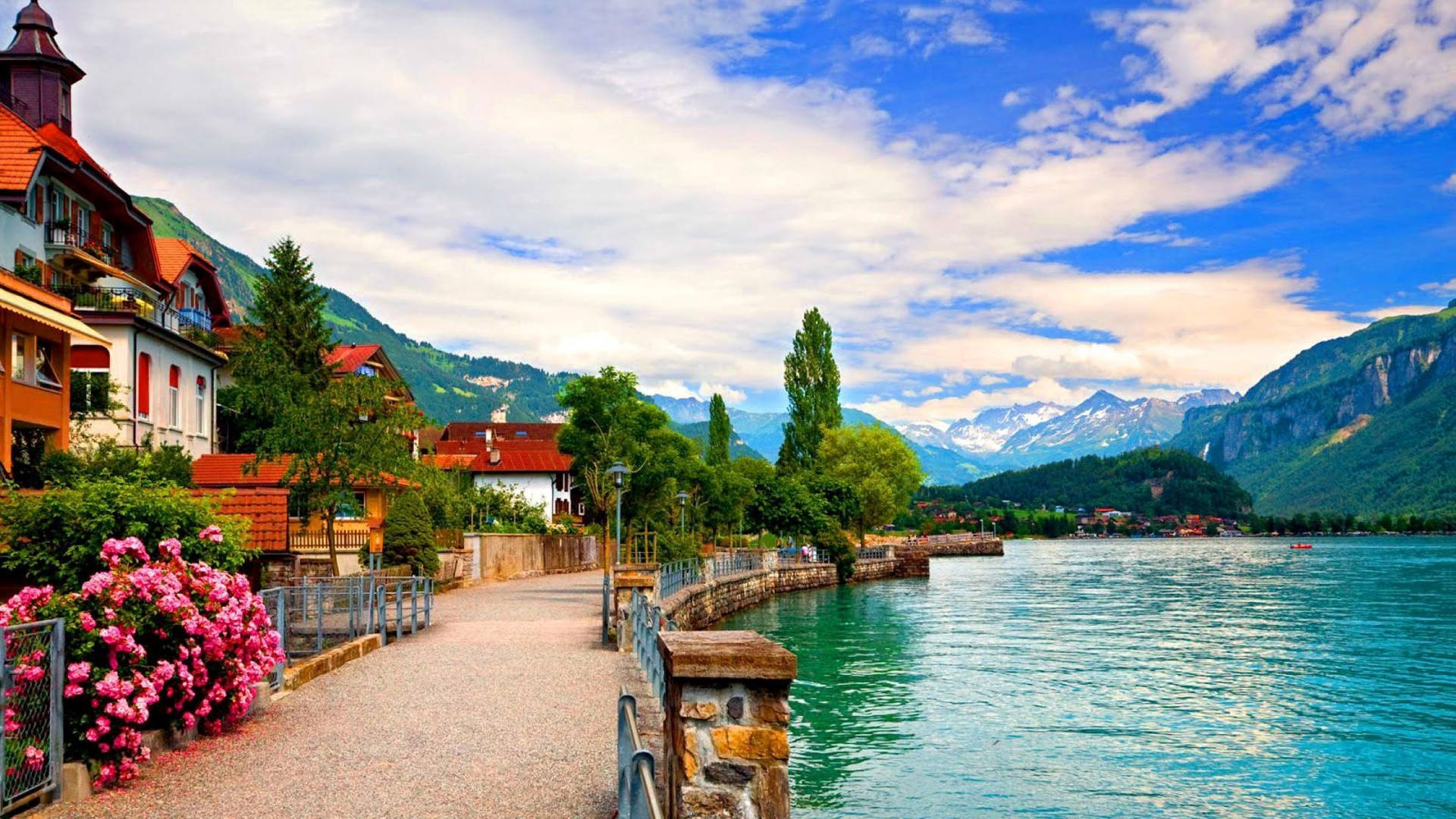 Switzerland Village By The Lake Background