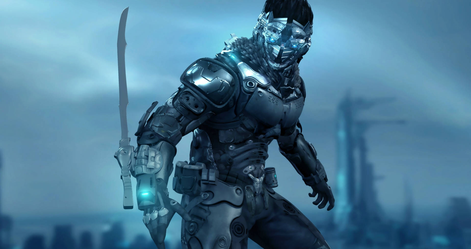 Sword And Armored Warrior Of Cyberpunk Background
