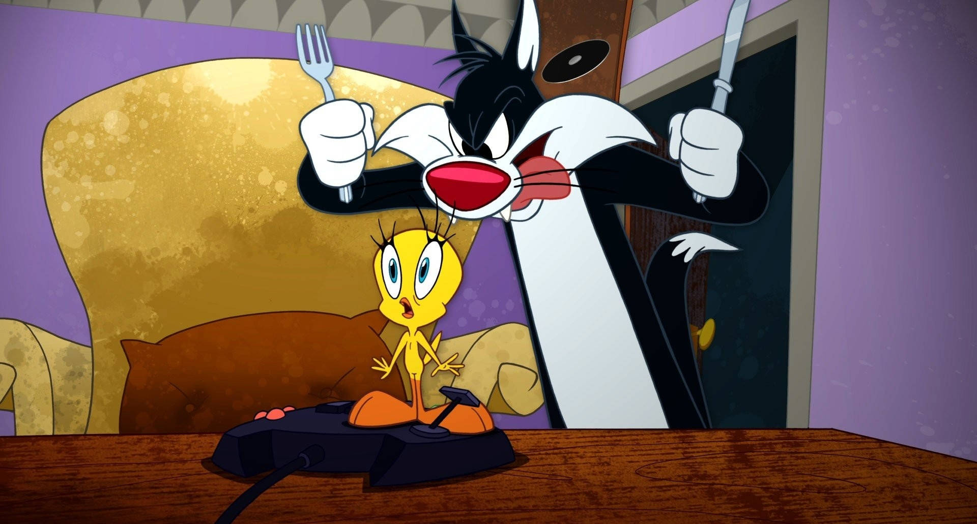 Sylvester Holding Spoon And Fork Background