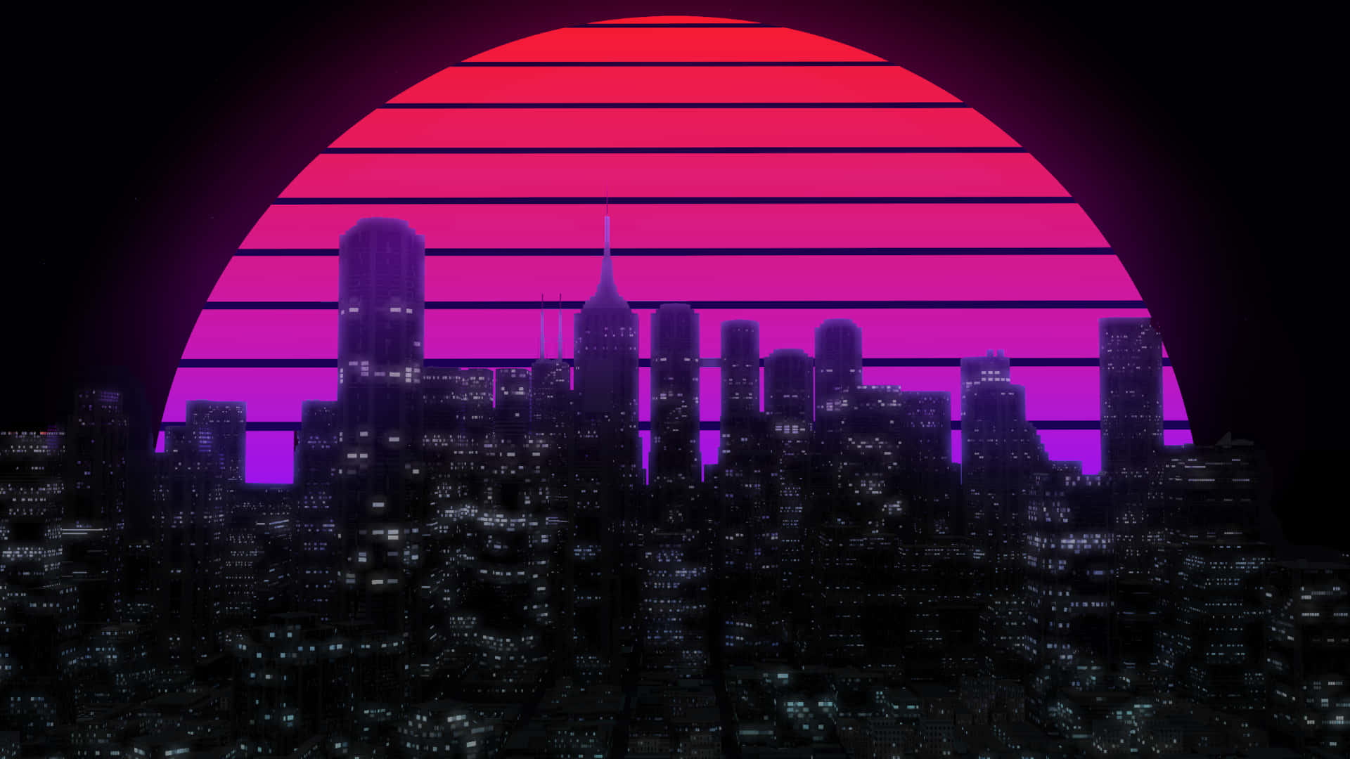 Synthwave City Buildings With Stripes Background