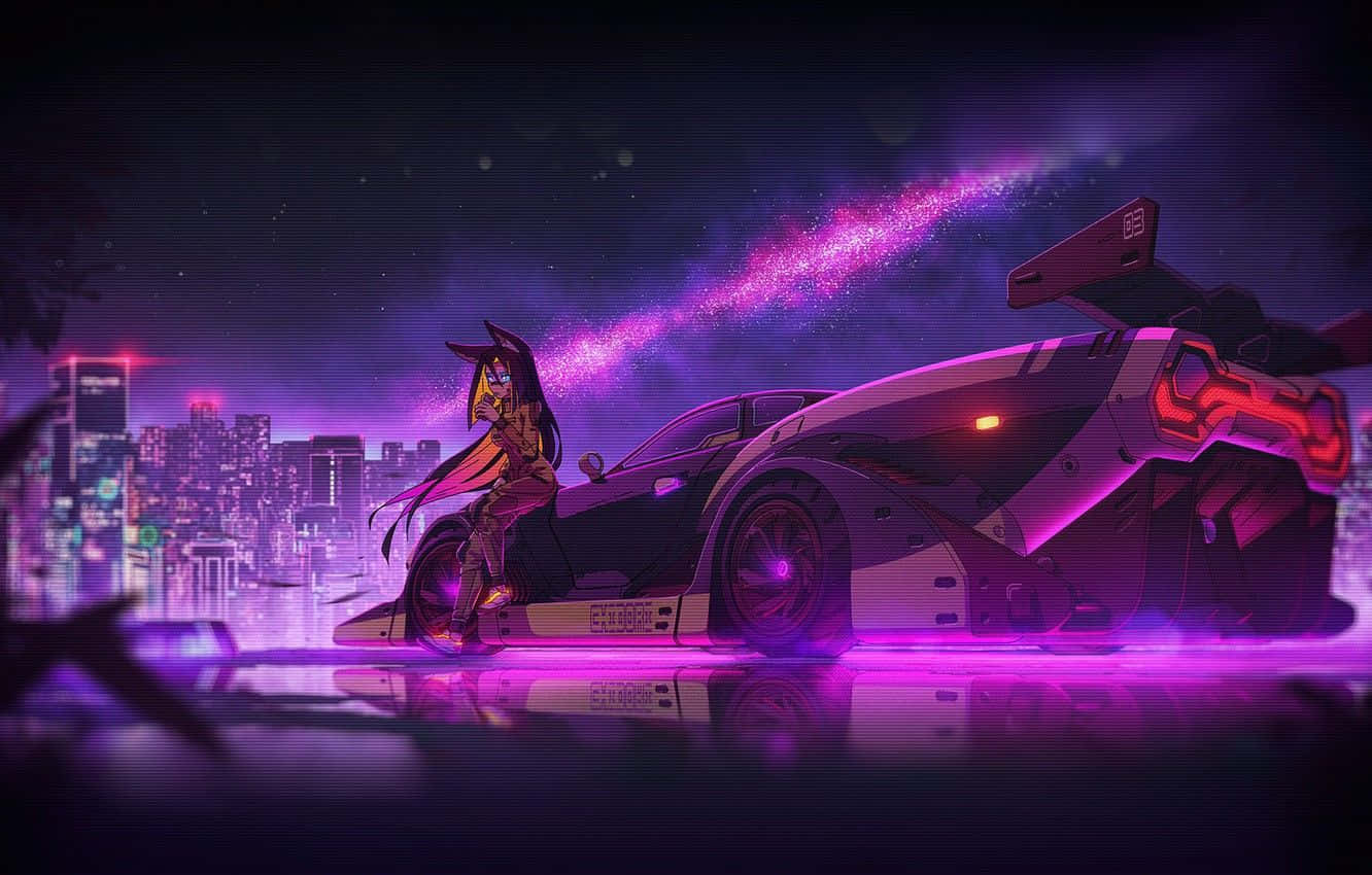 Synthwave City Girl On Car Background