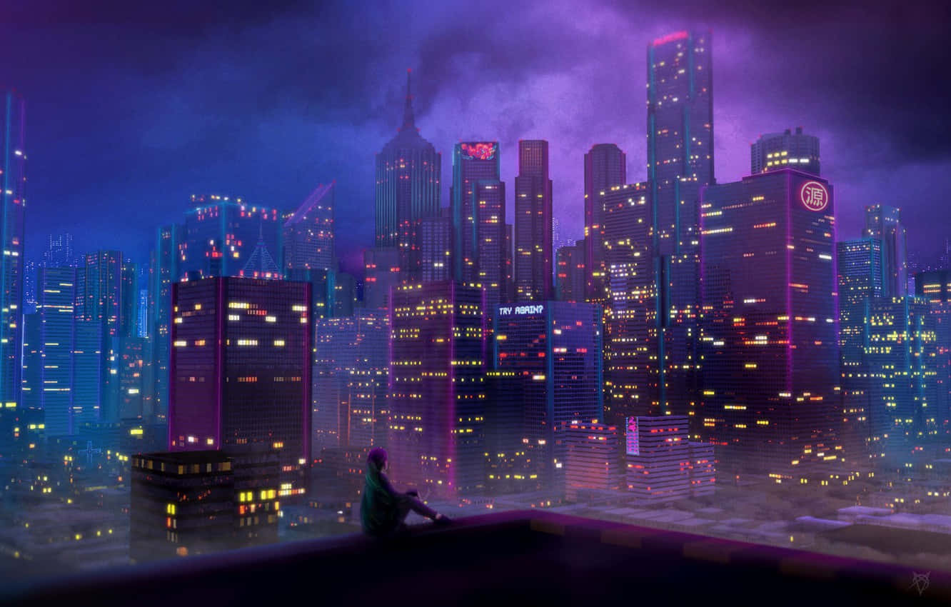 Synthwave City Lit Up Background