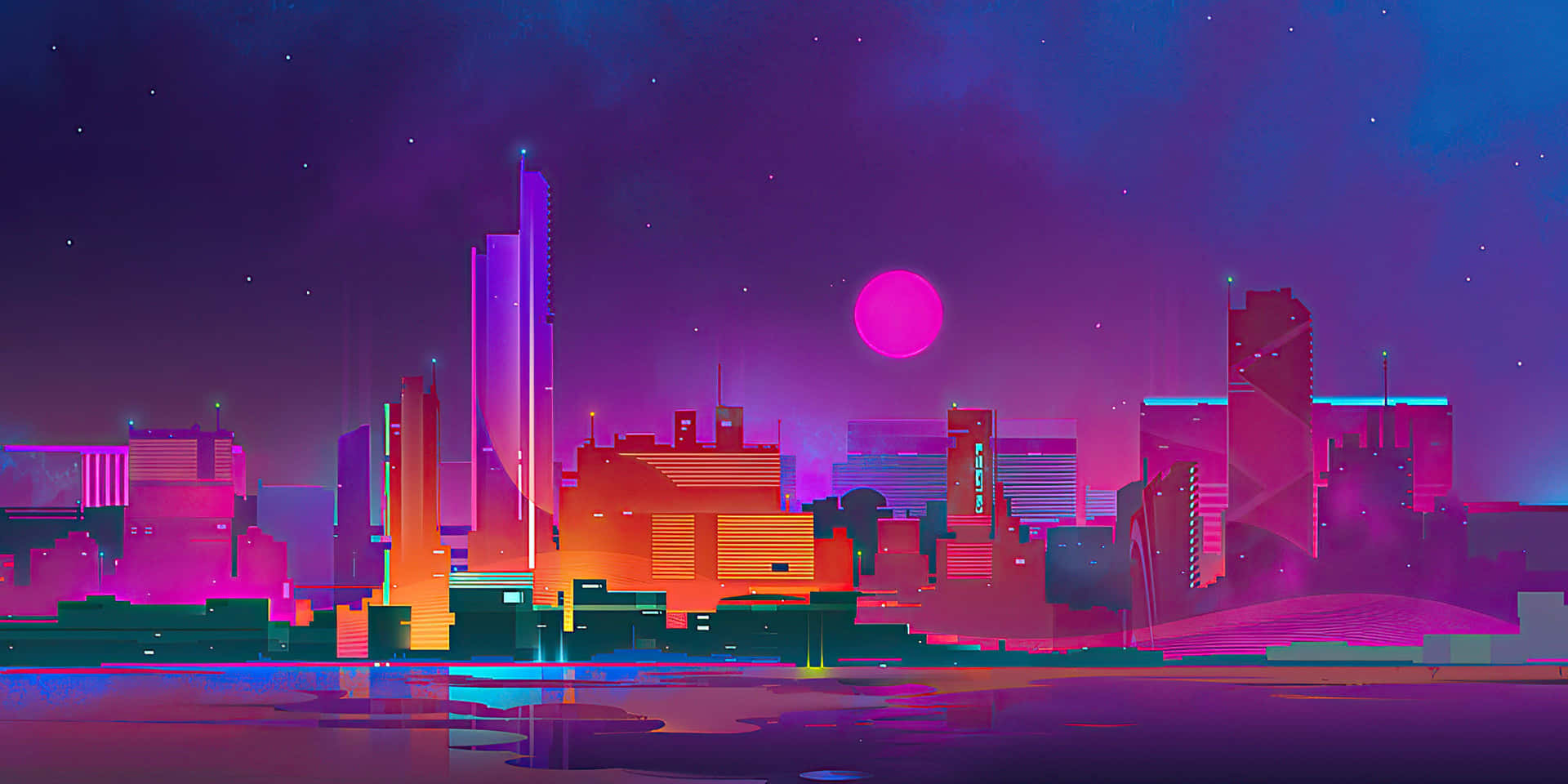 Synthwave City Orange Buildings Background