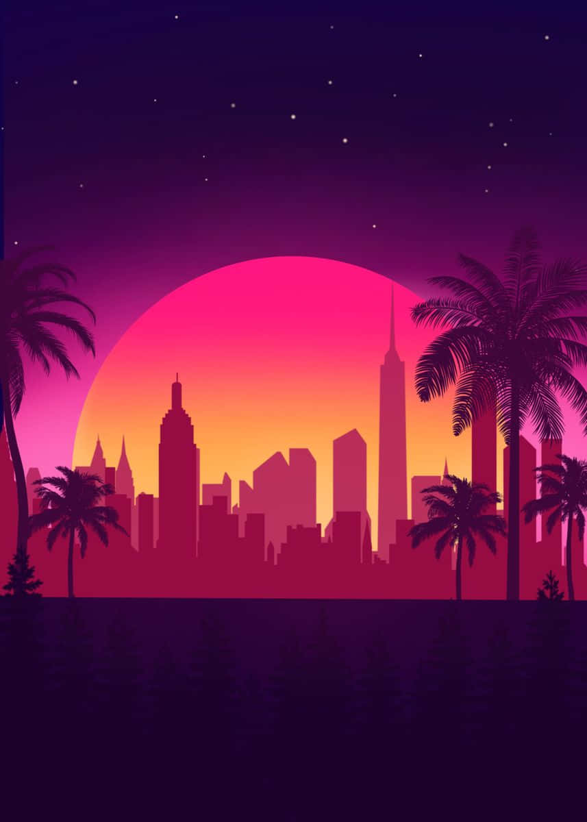 Synthwave City Palm Trees Background