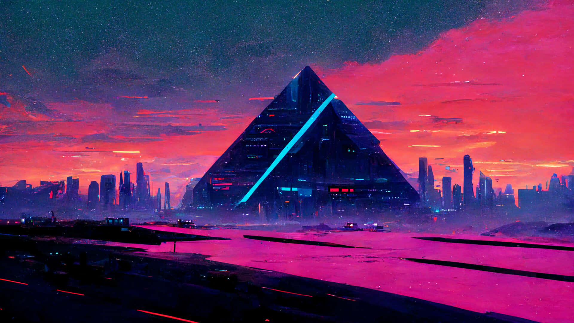 Synthwave City Triangle Structure Background