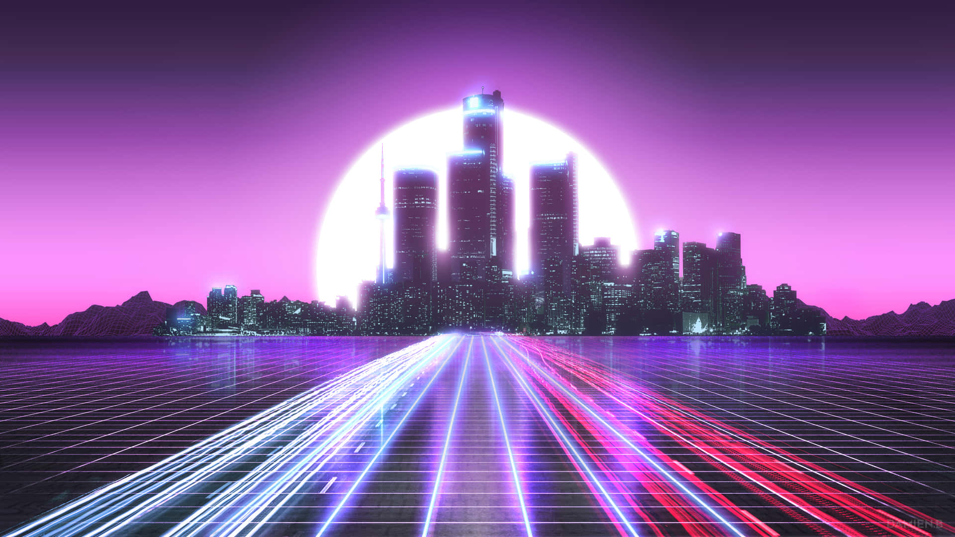 Synthwave City With Pathway Background