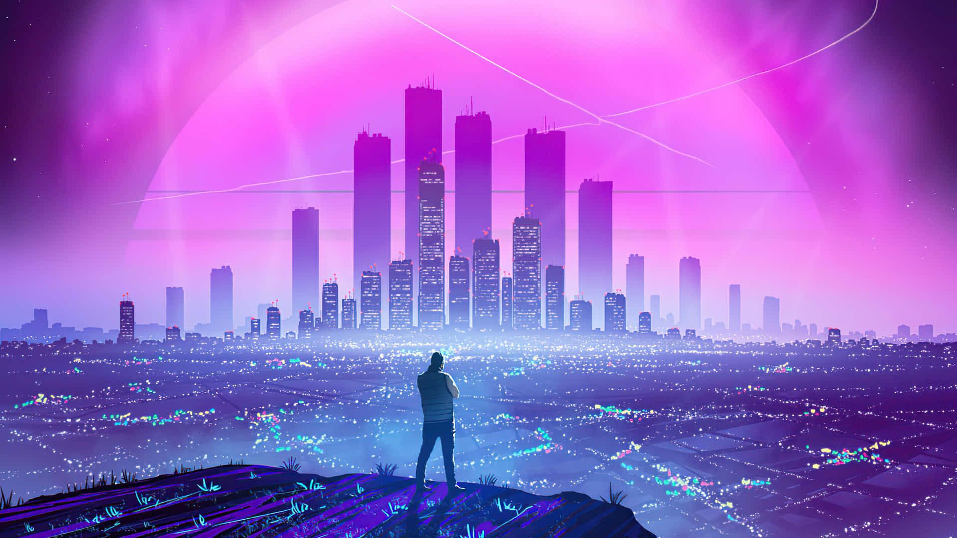 Synthwave City With Person Standing Background