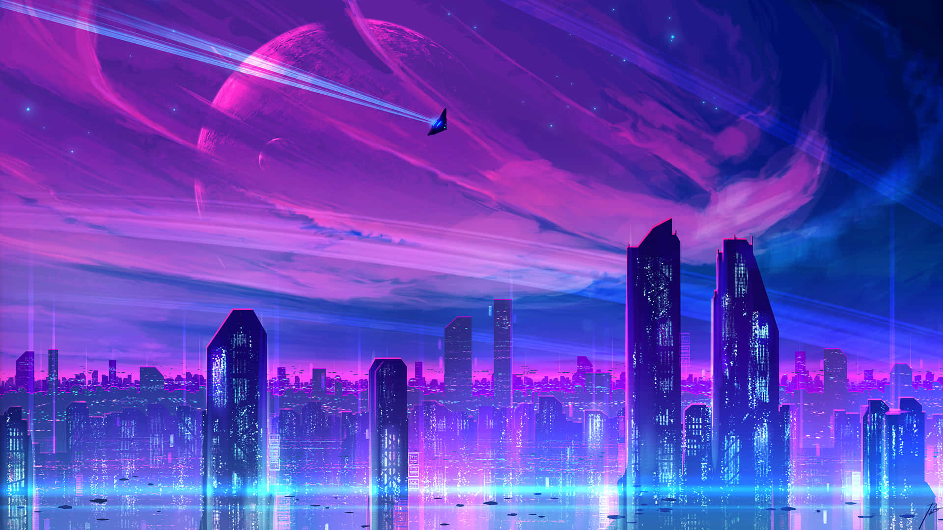 Synthwave City With Purple Sky Background