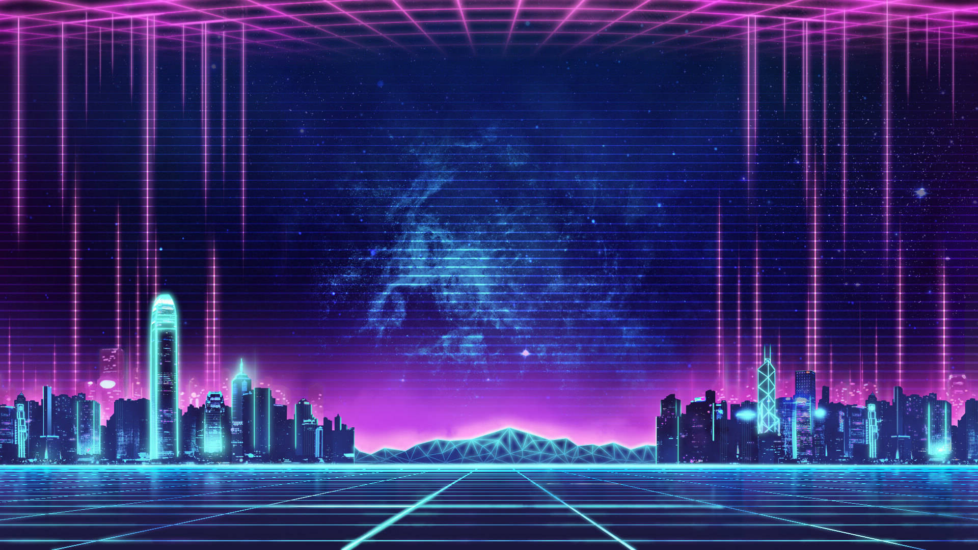 Synthwave Mountain In Cities Background