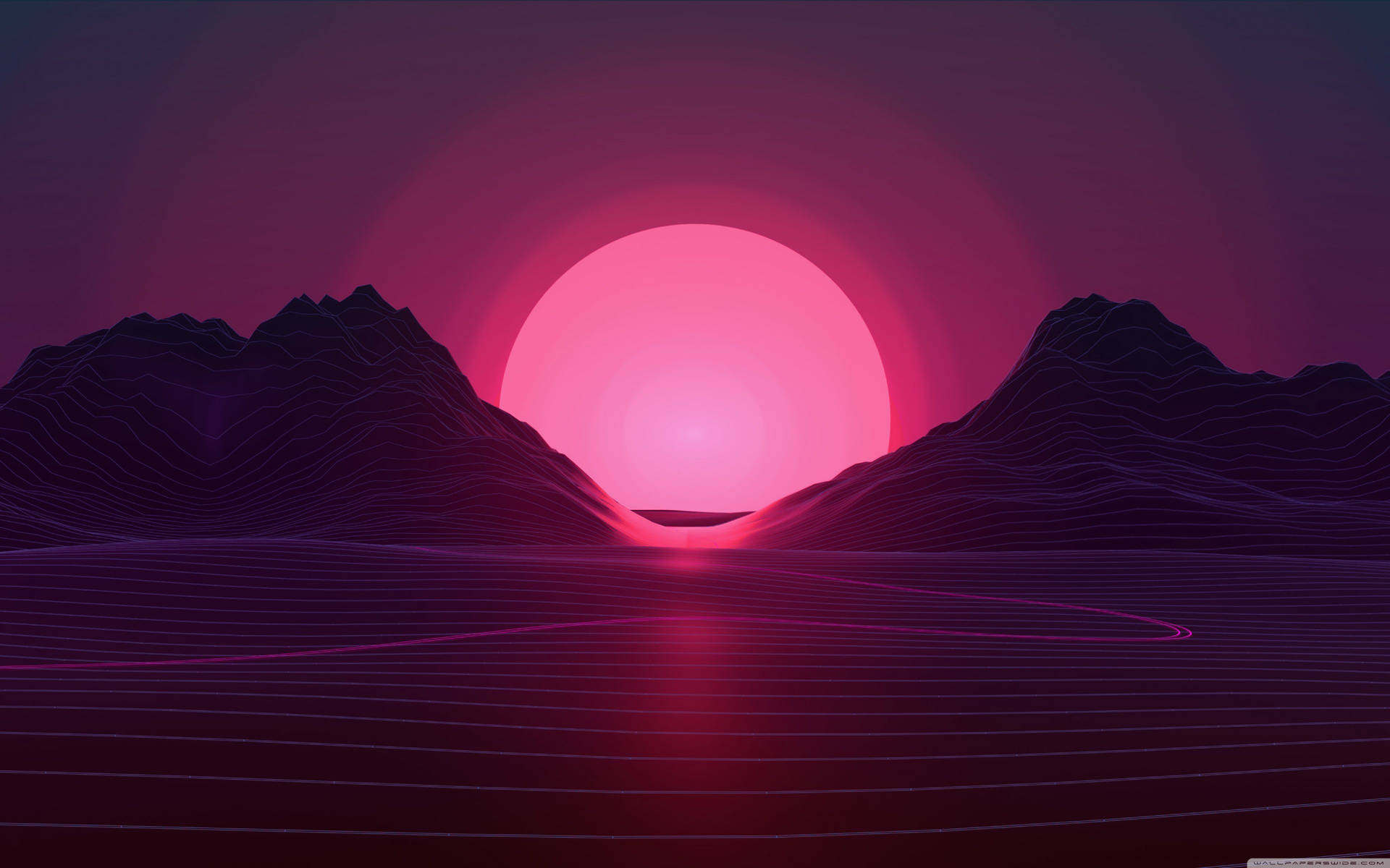 Synthwave Pink Sun Mountains Background