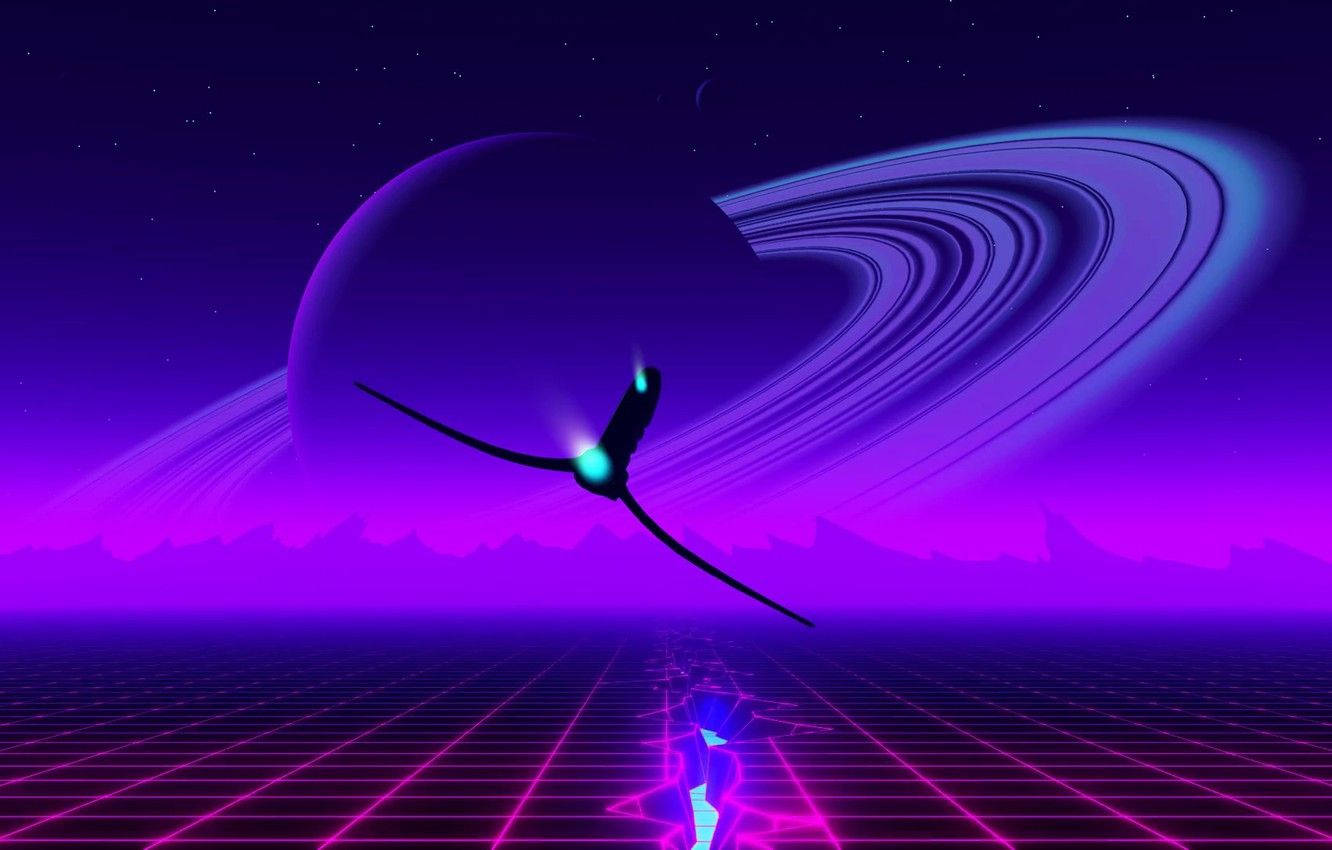 Synthwave Planet And Spaceship Background