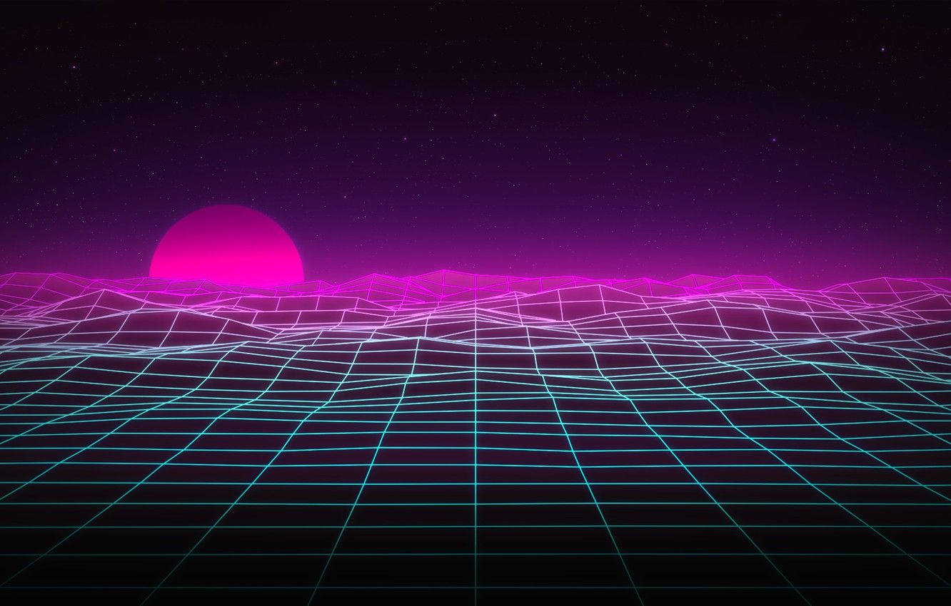 Synthwave Sun On Hills Background
