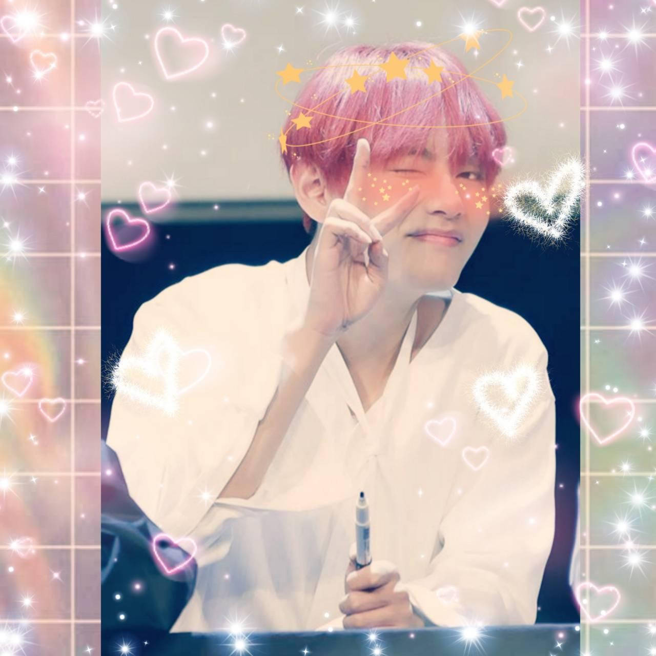 Taehyung Cute Neon Hearts Background