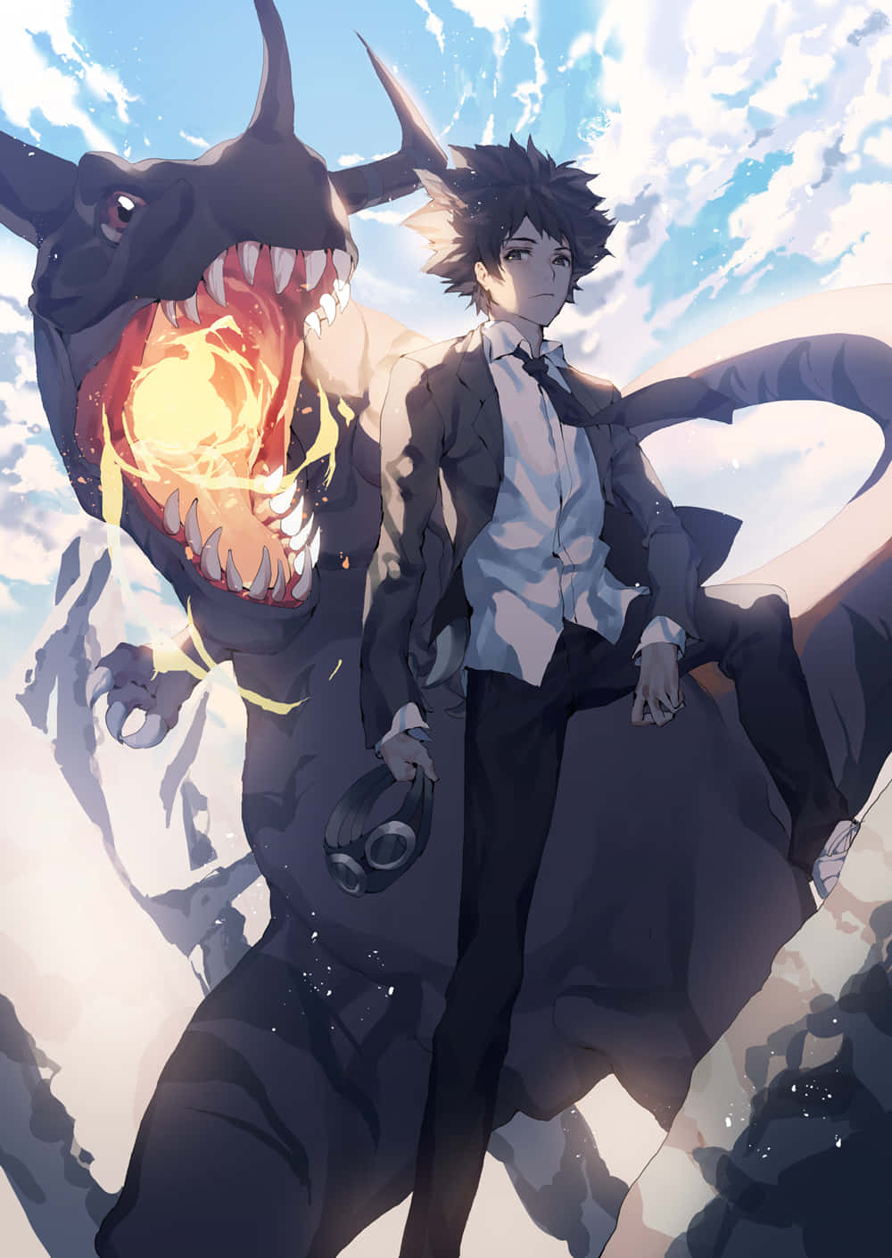 Tai Kamiya Protagonist With Greymon In A Vibrant Anime Scene Background