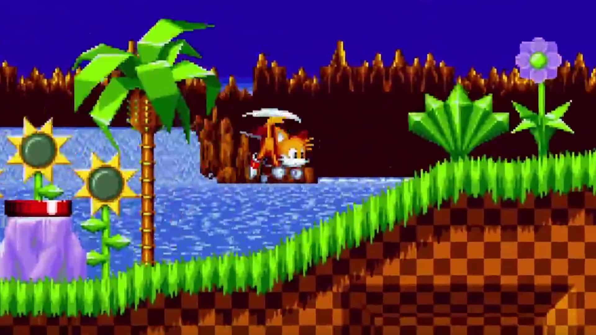 Tails Flying Around The Green Hill Zone Background