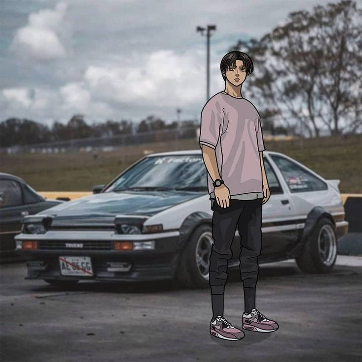 Takumi Fujiwara In Front Of A Car Anime