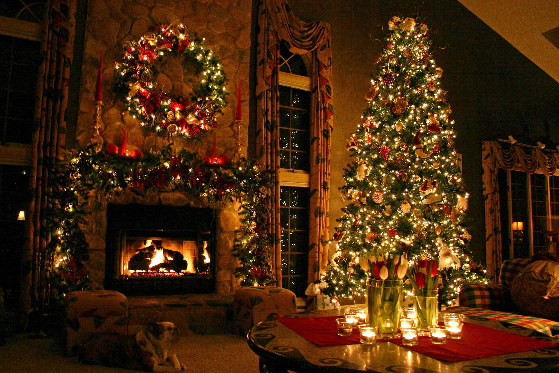 Tall Christmas Tree By The Fireplace Background