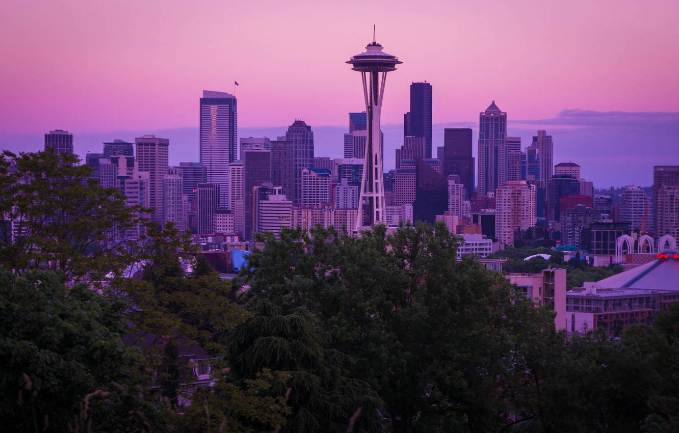 Tall Purple Buildings Seattle Skyline Background