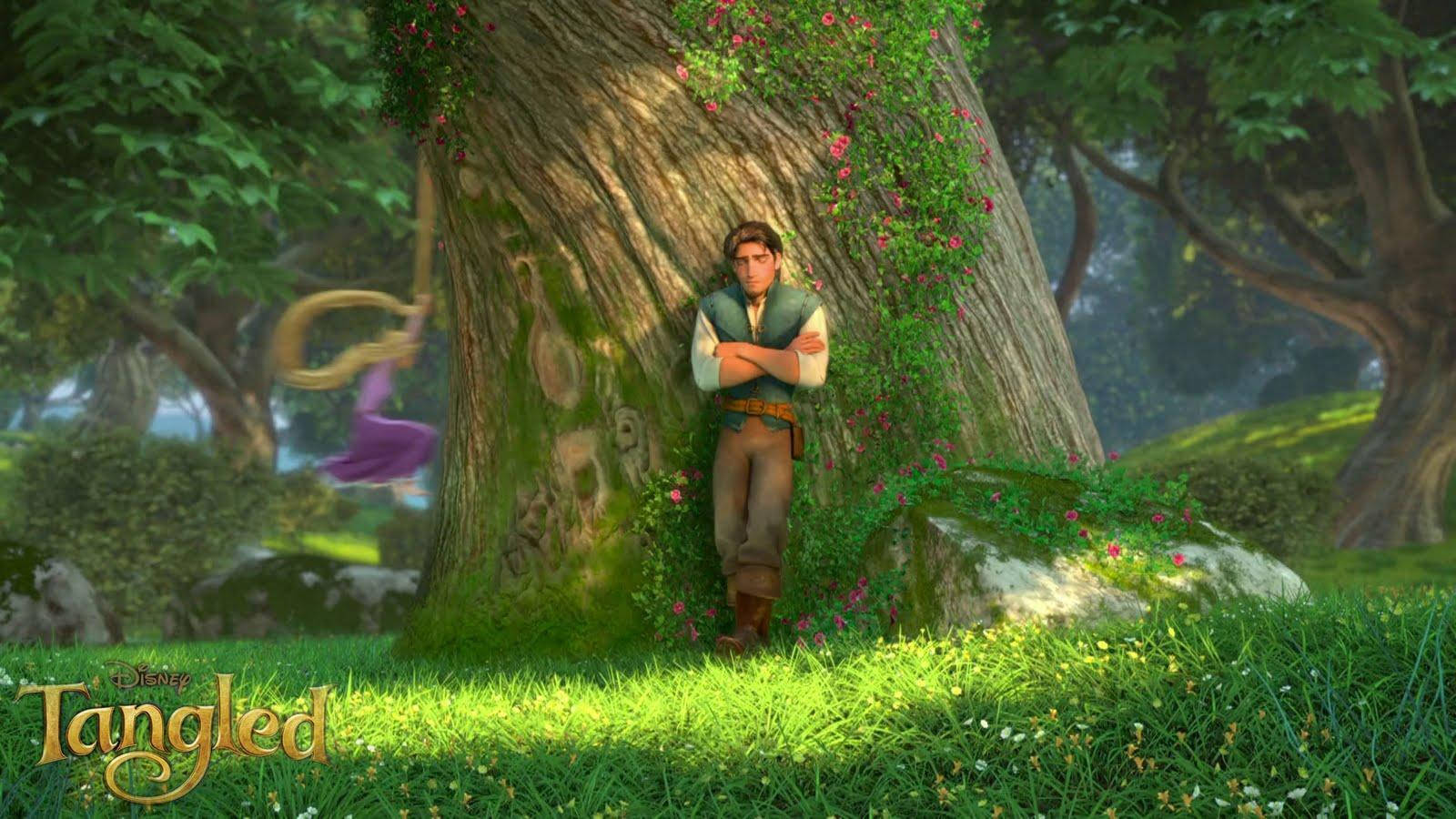 Tangled Flynn Leaning On Huge Tree Background