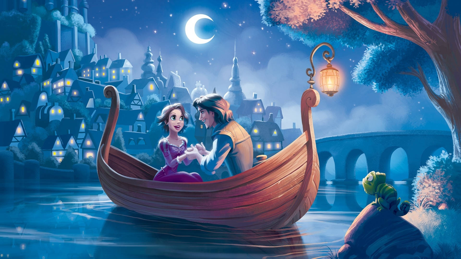 Tangled Flynn & Rapunzel On A Boat Background