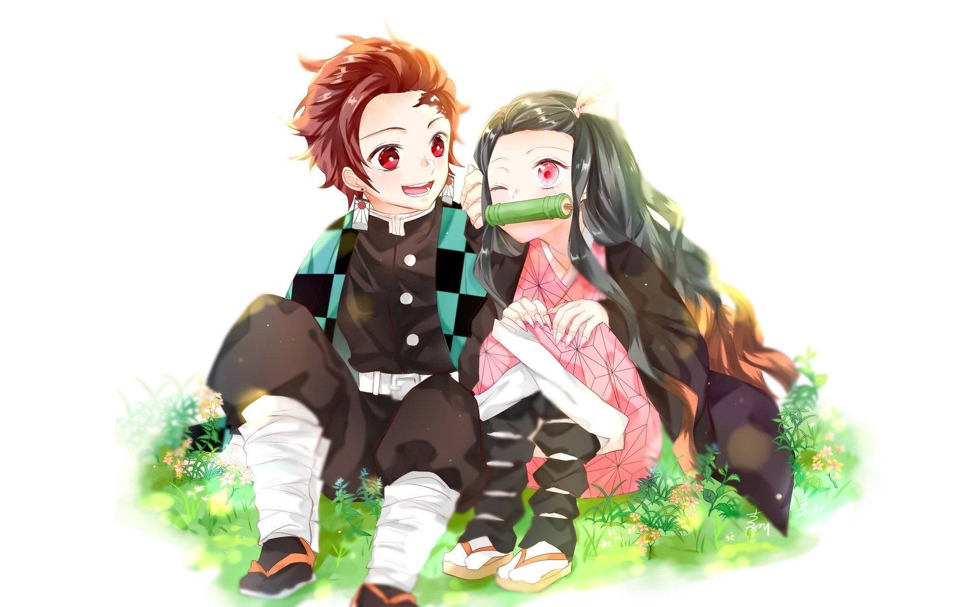 Tanjiro And Nezuko Cute Winking Field Background