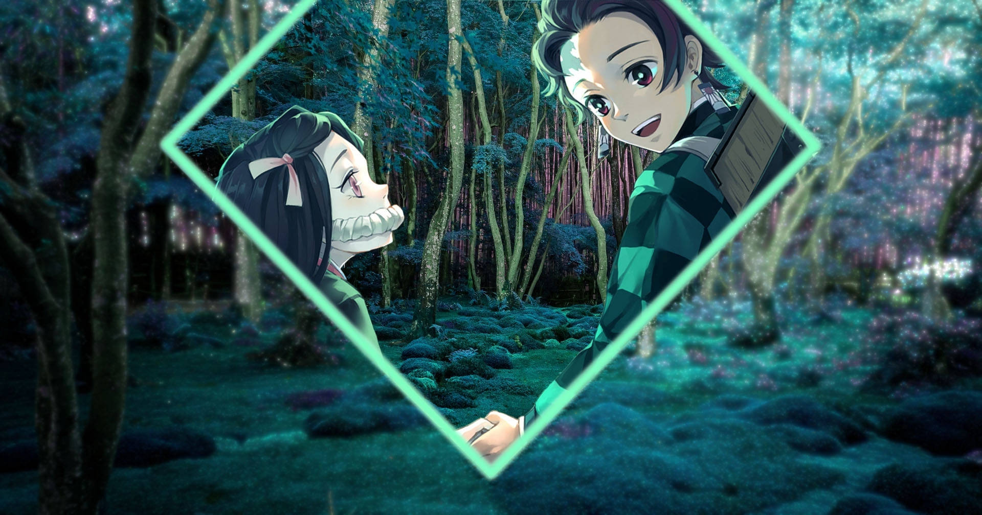 Tanjiro And Nezuko Diamond Inset Forest Background