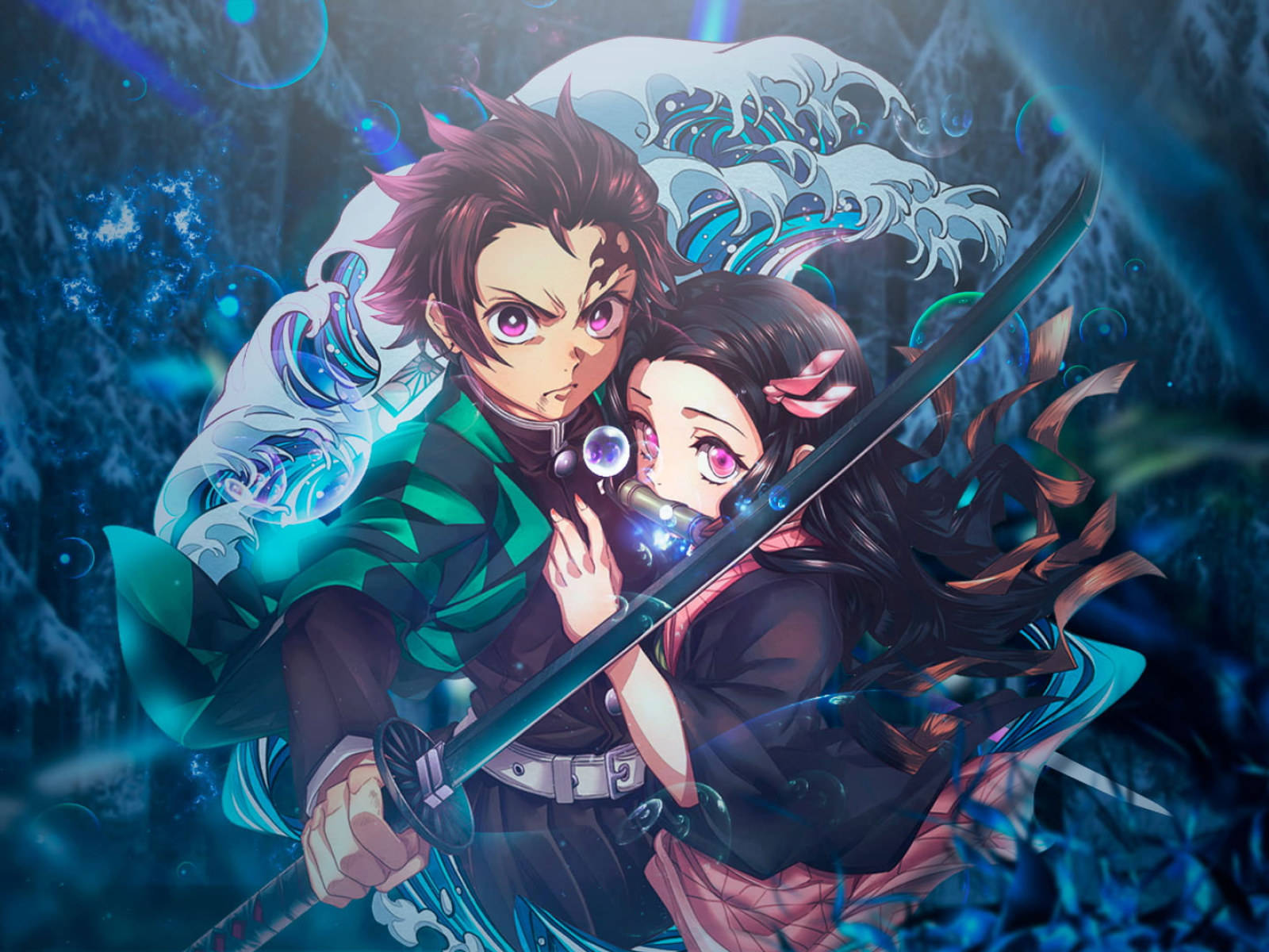 Tanjiro And Nezuko Long Sword Protect Background