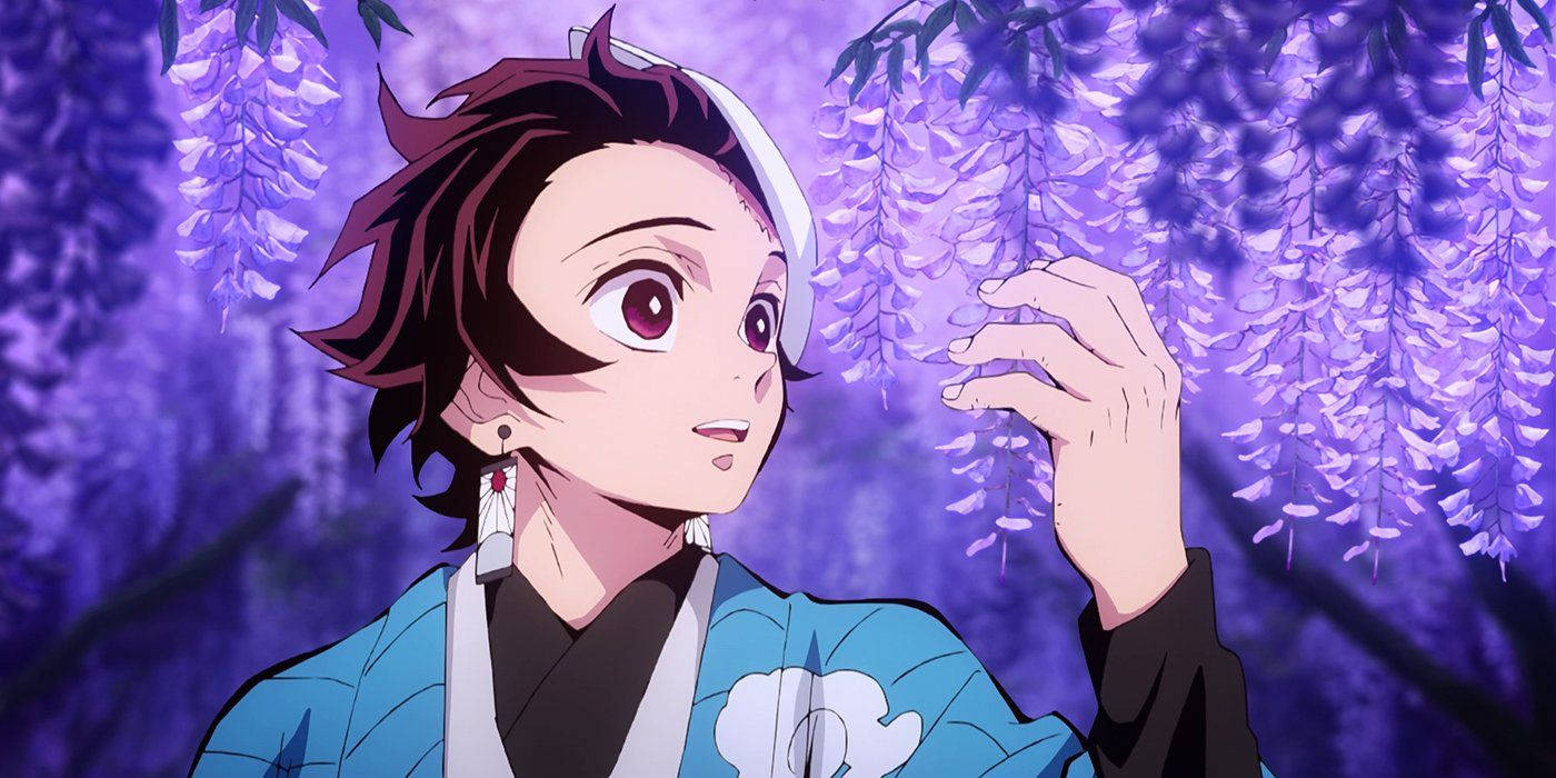Tanjiro Embraces The Beauty Of Wisteria Flowers Background
