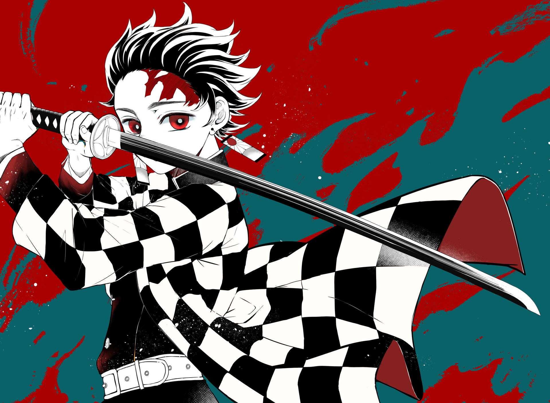 Tanjiro In Red And Green Background