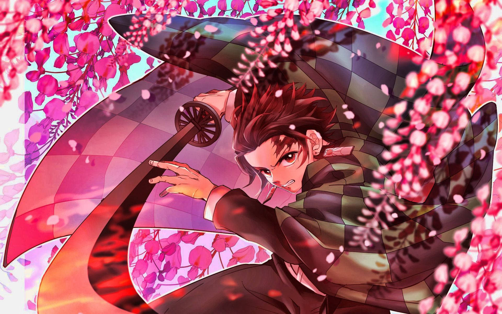 Tanjiro Kamado With Pink Flowers Background
